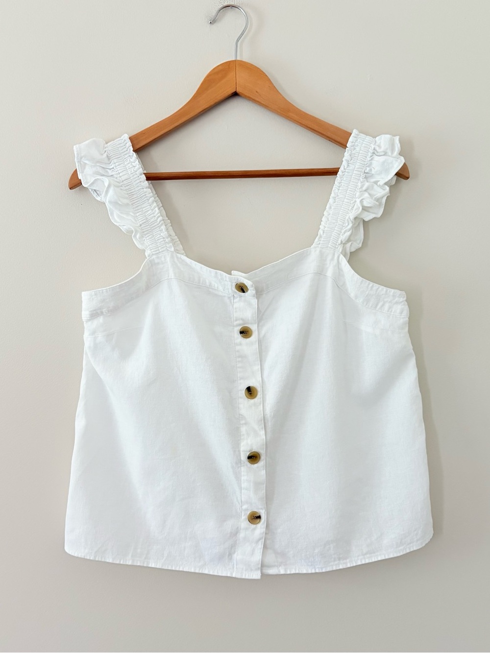 J Crew Factory Linen-blend button-front tank top with ruffle straps white M